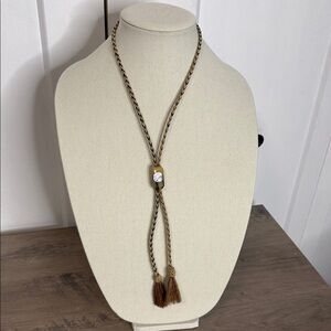 Vintage Lariat bolo tie with abalone inlay slide and braided cord - Cow/Horse Ha